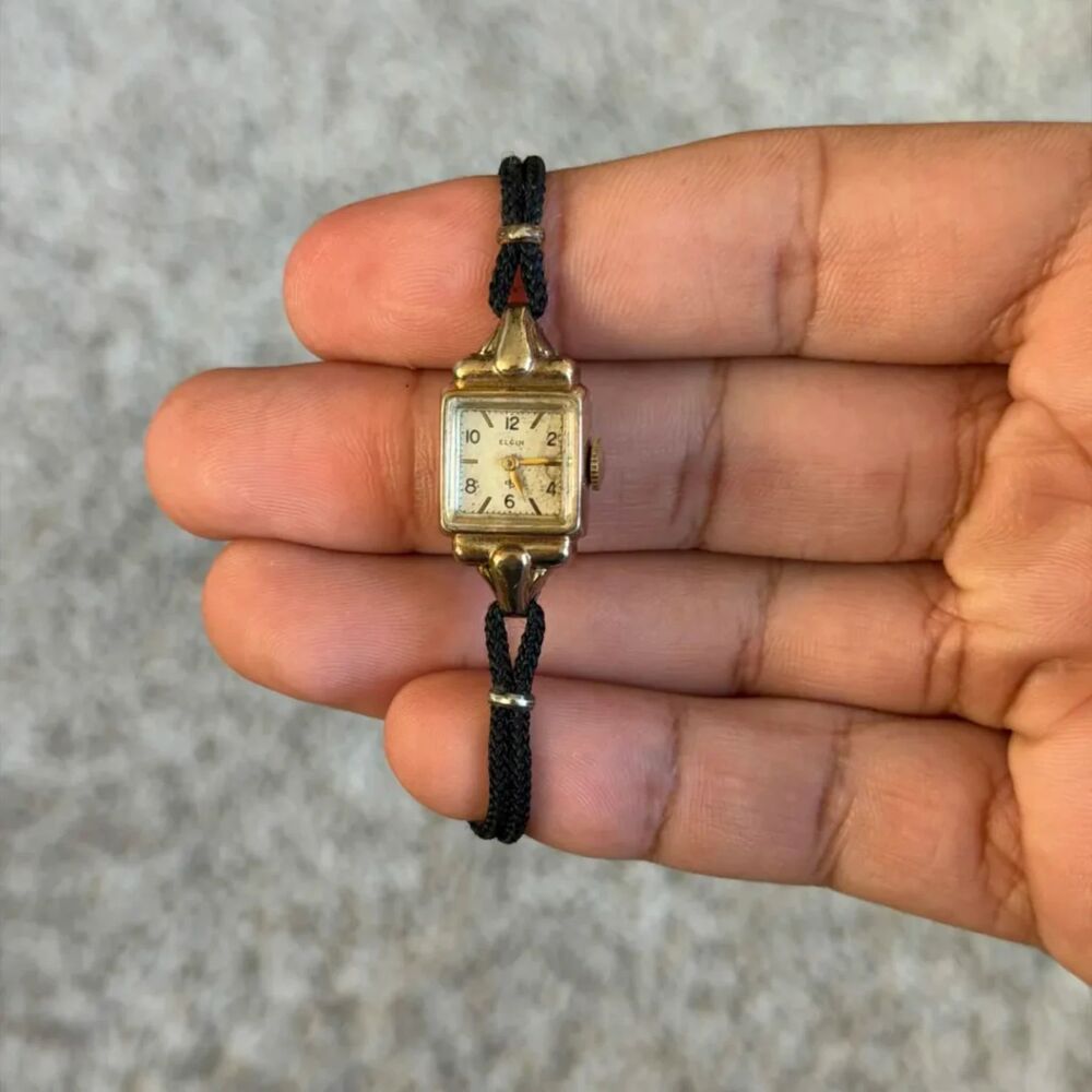 Vintage Elgin 1930s Art Deco Ladies Watch Gold Tone Black Cordette Strap